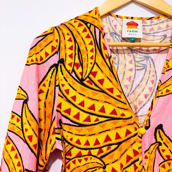 FARM RIO Pink Yellow Floral Banana Linen Romper | Tropical Vacation | Small * - Picture 4 of 11